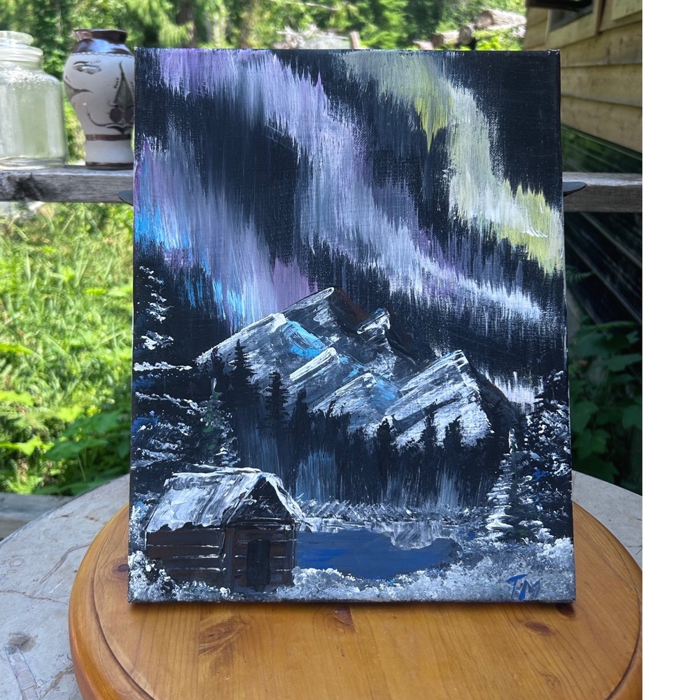 Northern Lights Painting Aurora Borealis Winter Landscape 12x16 Canvas TM Signed